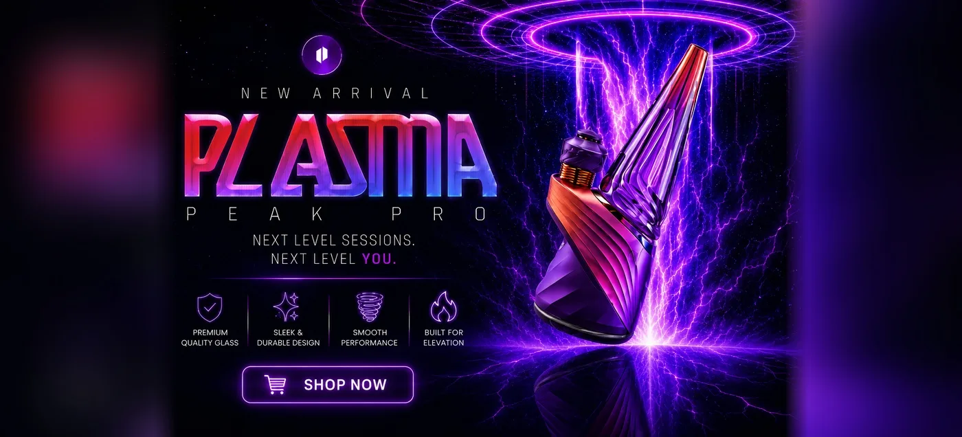 Plasma Peak Pro campaign artwork featuring the purple and red Puffco device